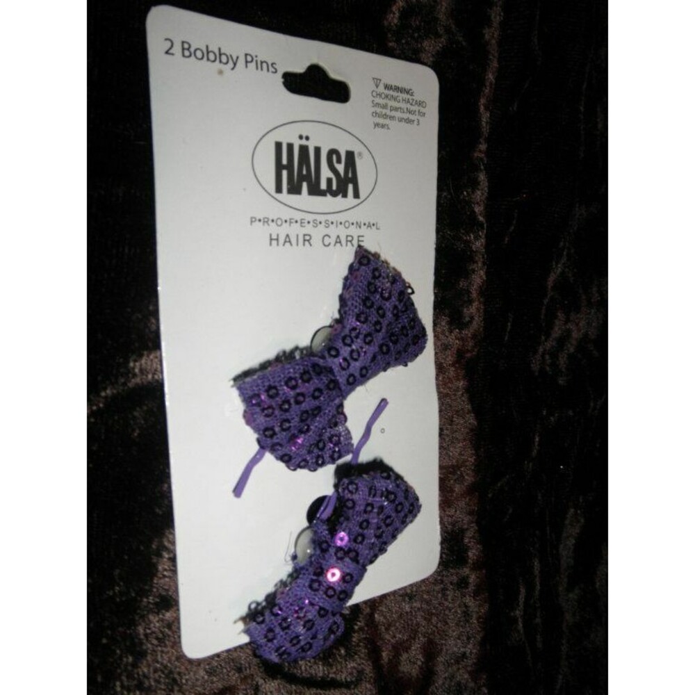NEW by HALSA, BOBBY PIN HAIR BOWS 2" (SET OF 2) PURPLE WITH SEQUINS
